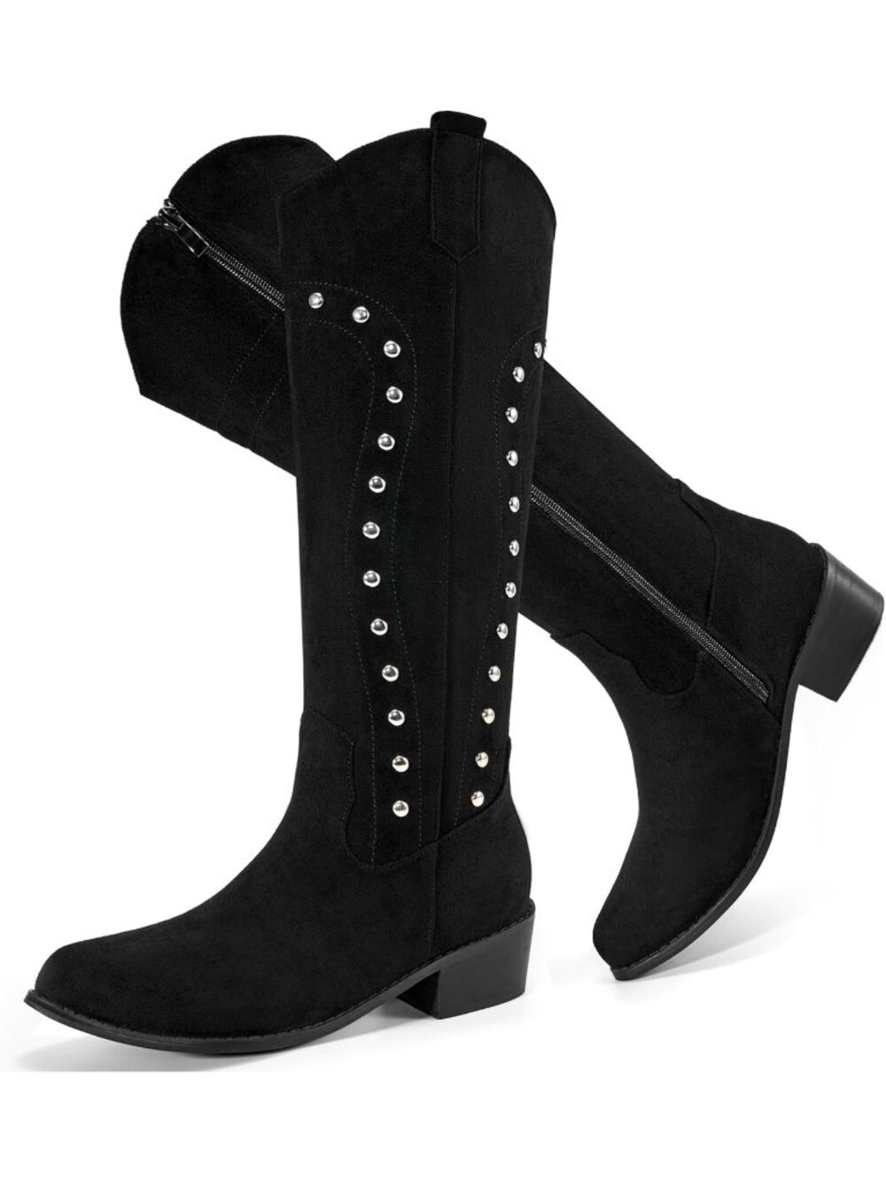 Women's Black Western Knee High Wide Calf Suede Cowgirl Boots Comfortable - Picture 1 of 5